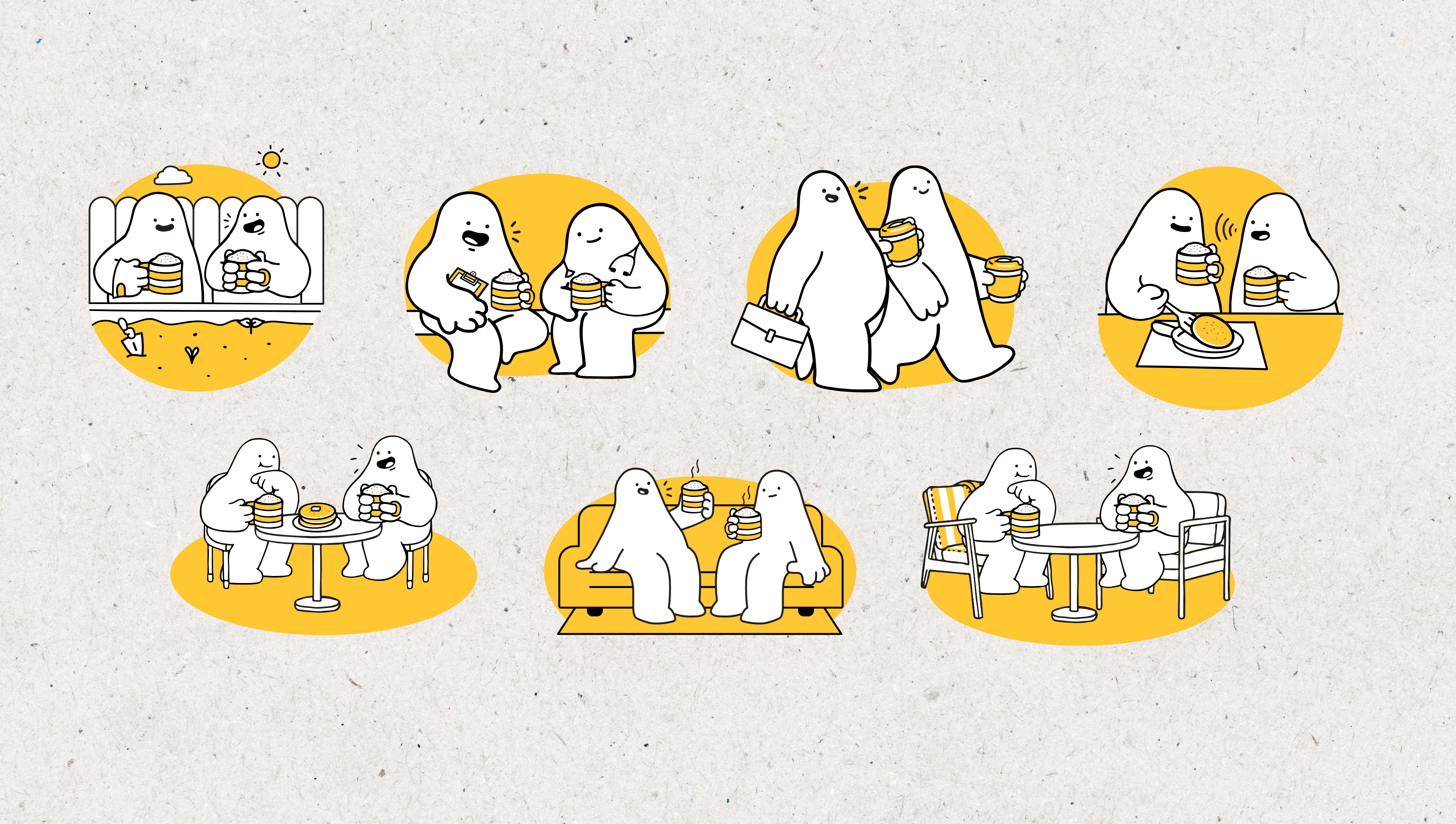 Nescafé × R U OK? blob illustration sheet – everyday check-in scenarios
